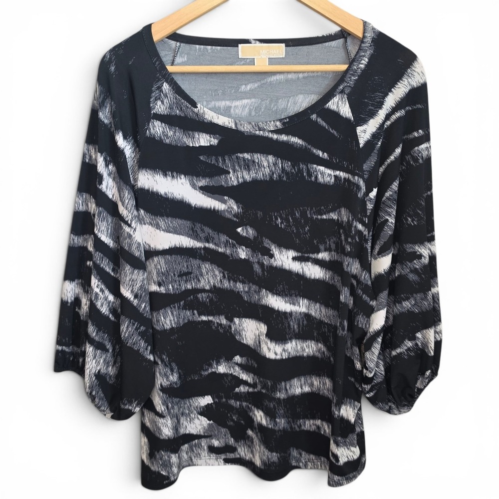Michael Kors Top Womens Large Black 3/4 Sleeve‎ Blouse Scoop Neck Casual